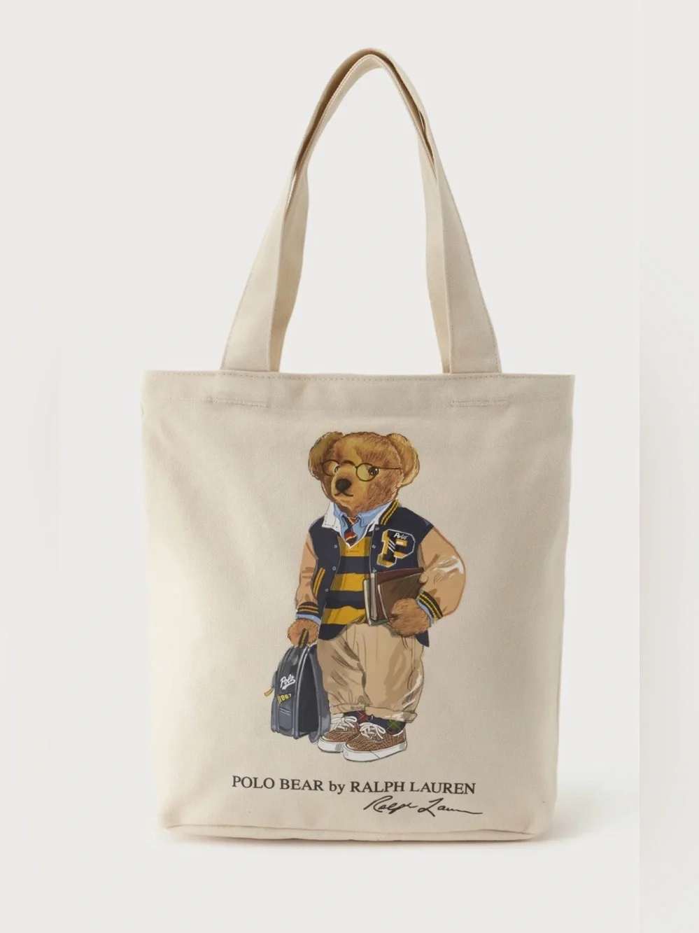 Polo Ralph Lauren Natural BOY BACK TO SCHOOL BEAR 13.0” Canvas Zip Top Tote Bag